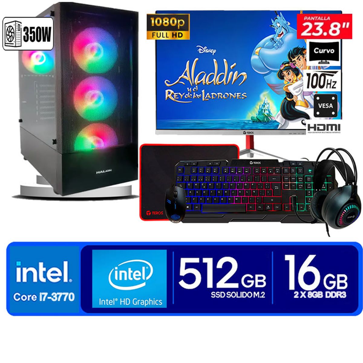 HALION - Computadora Pc Intel Core i7 3770  Monitor 24 fhd' RAM 16 GB SSD 500 GB