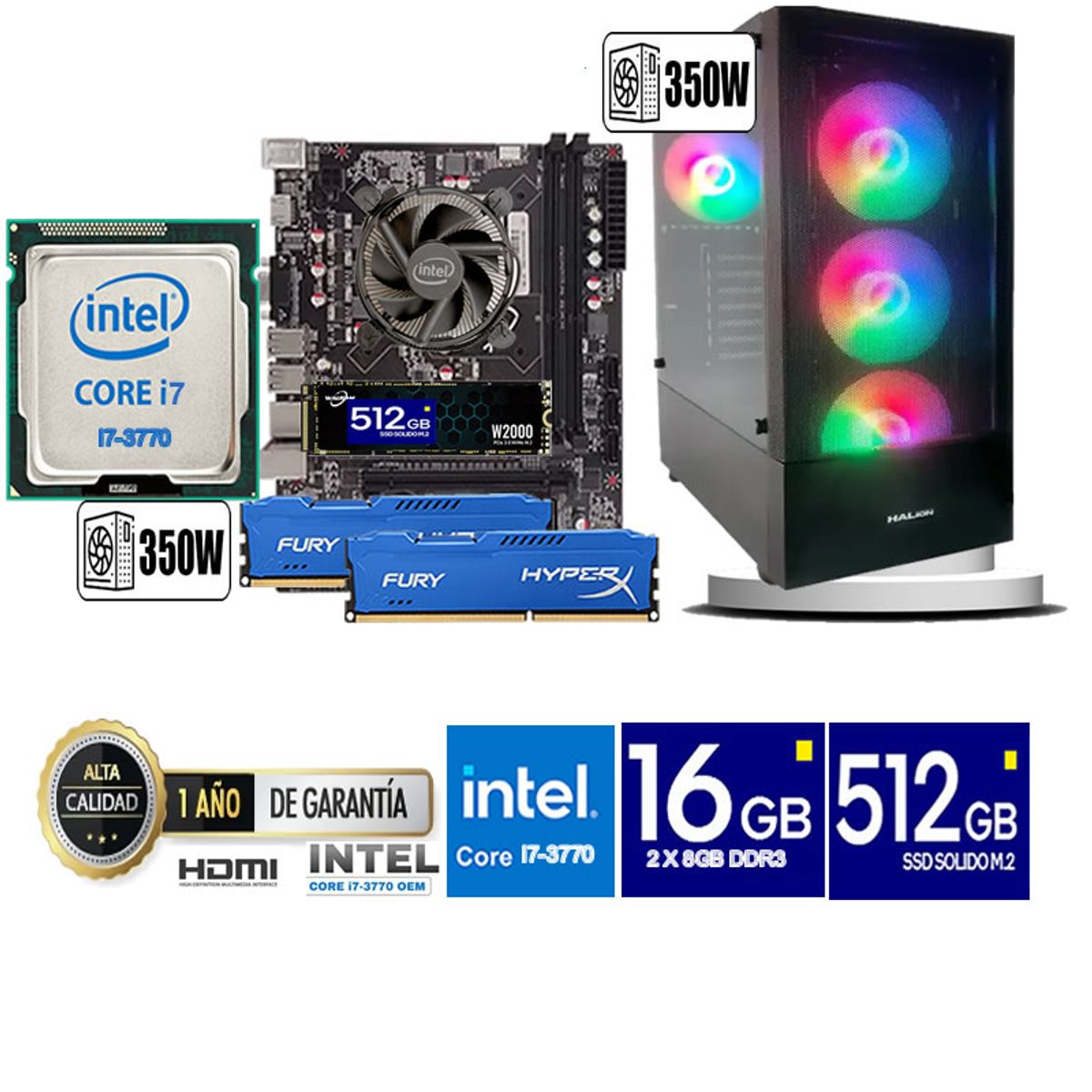 HALION - Computadora Pc Intel Core i7 3770  Monitor 24 fhd' RAM 16 GB SSD 500 GB