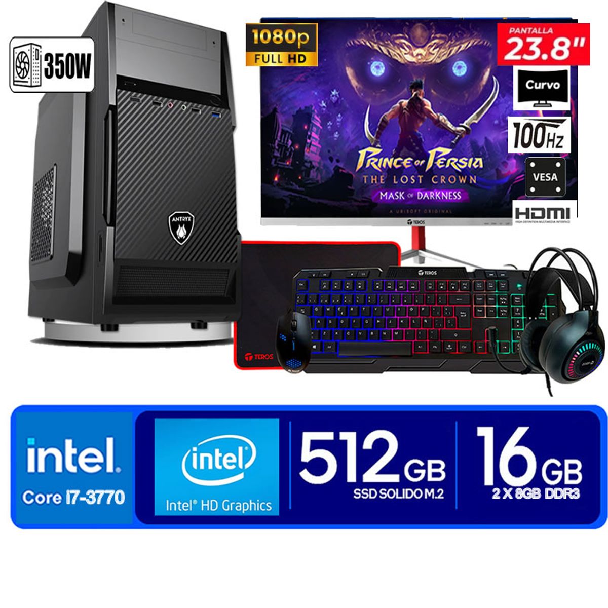 ANTRYX - Computadora Pc Intel Core i7 3770  Monitor 24 fhd' RAM 16 GB SSD 500 GB