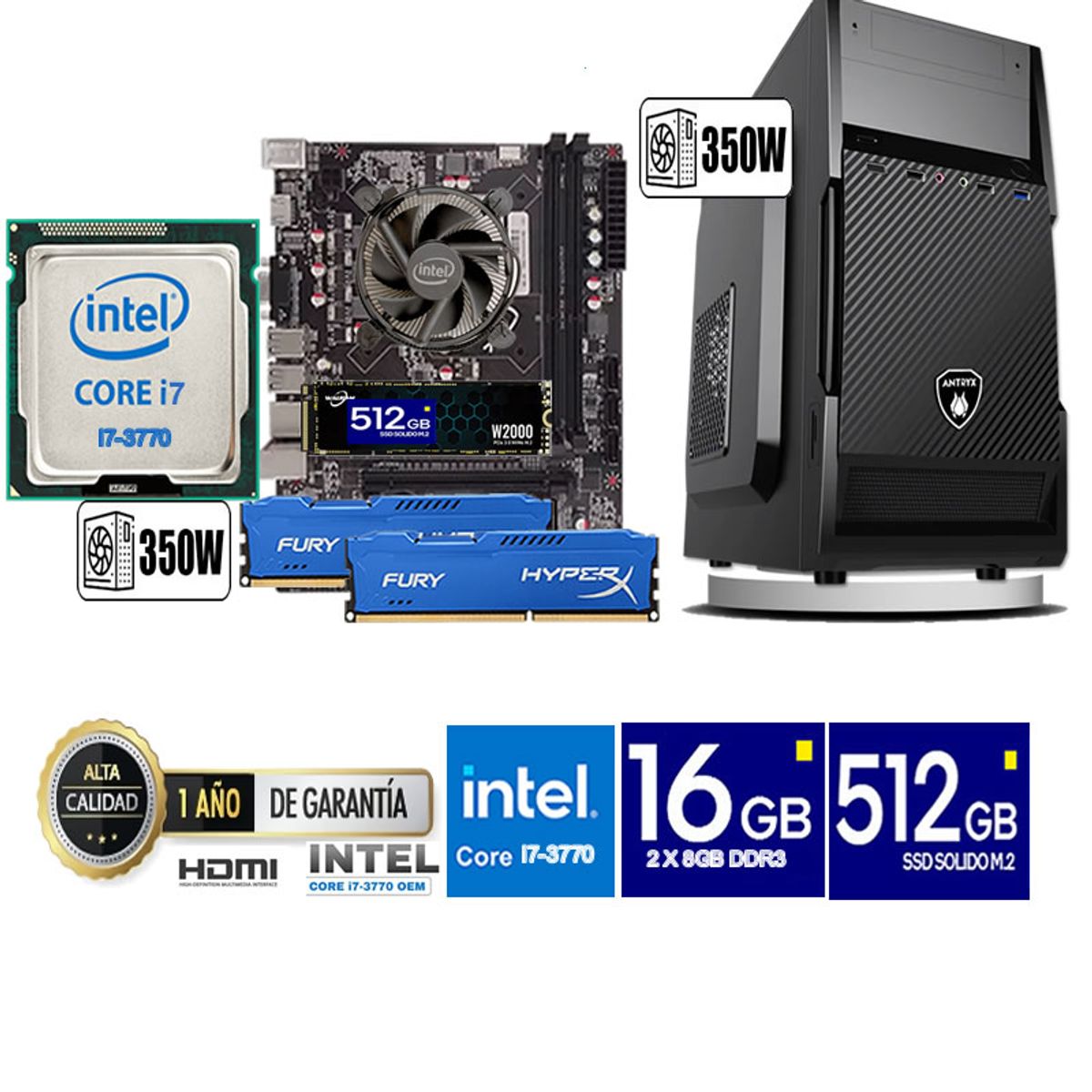 ANTRYX - Computadora Pc Intel Core i7 3770  Monitor 24 fhd' RAM 16 GB SSD 500 GB