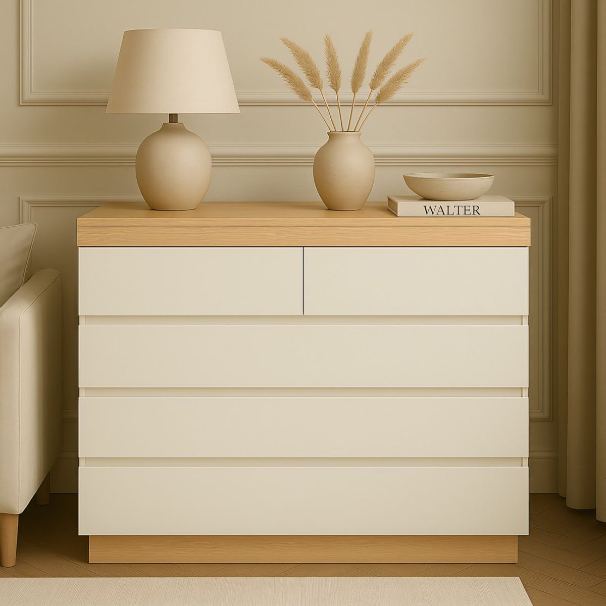 GENERICO - Cómoda Alba 5 Cajones Blanco y Duna 100 cm Huk