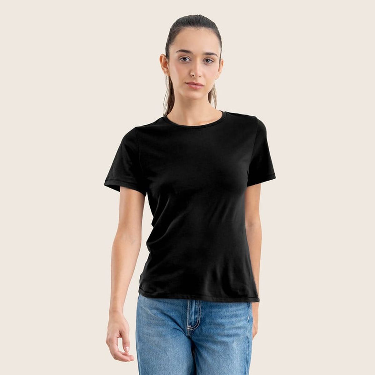 DROP THE LABEL - Polo Negro para Mujer Drop the Label Cuello Redondo Manga Corta Algodón Pima