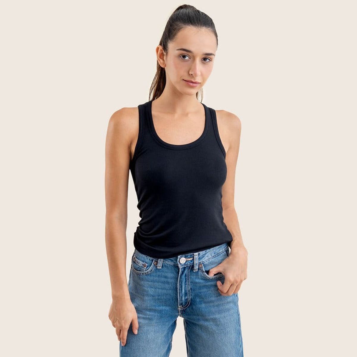 DROP THE LABEL - Tank Top Negro para Mujer Drop the Label Manga Cero Rib 2x1 Modal
