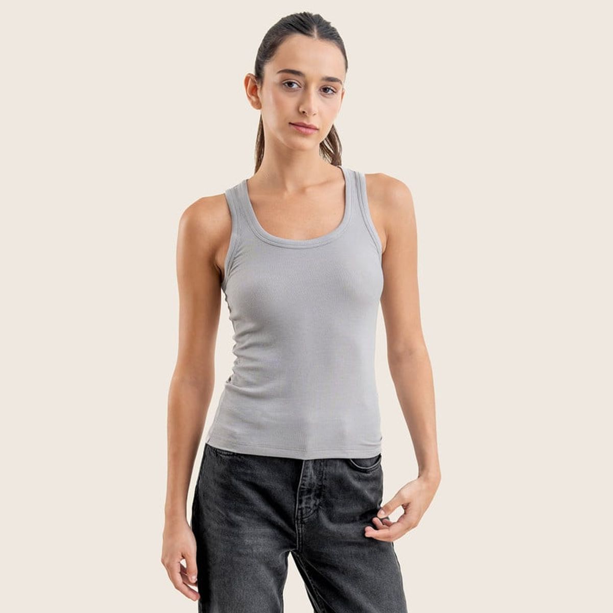 DROP THE LABEL - Tank Top Gris Sombra para Mujer Drop the Label Manga Cero Rib 2x1 Modal