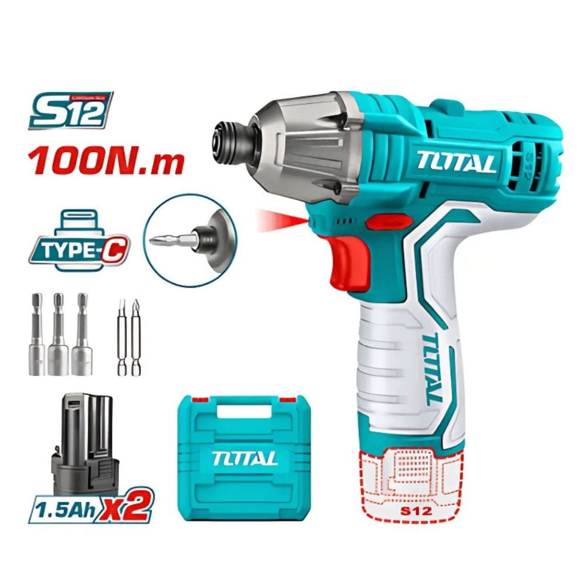 TOTAL TOOLS - Destornillador de Impacto 100nm 12v Total TIRLI12015