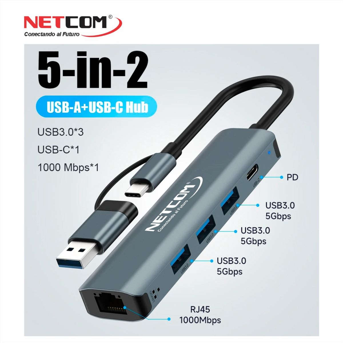 GENERICO - ADAPTADOR PREMIUM USB 5 en 2, USB-A & USB-C a 3 USB 3.0 + 1 PD+ 1 RJ45