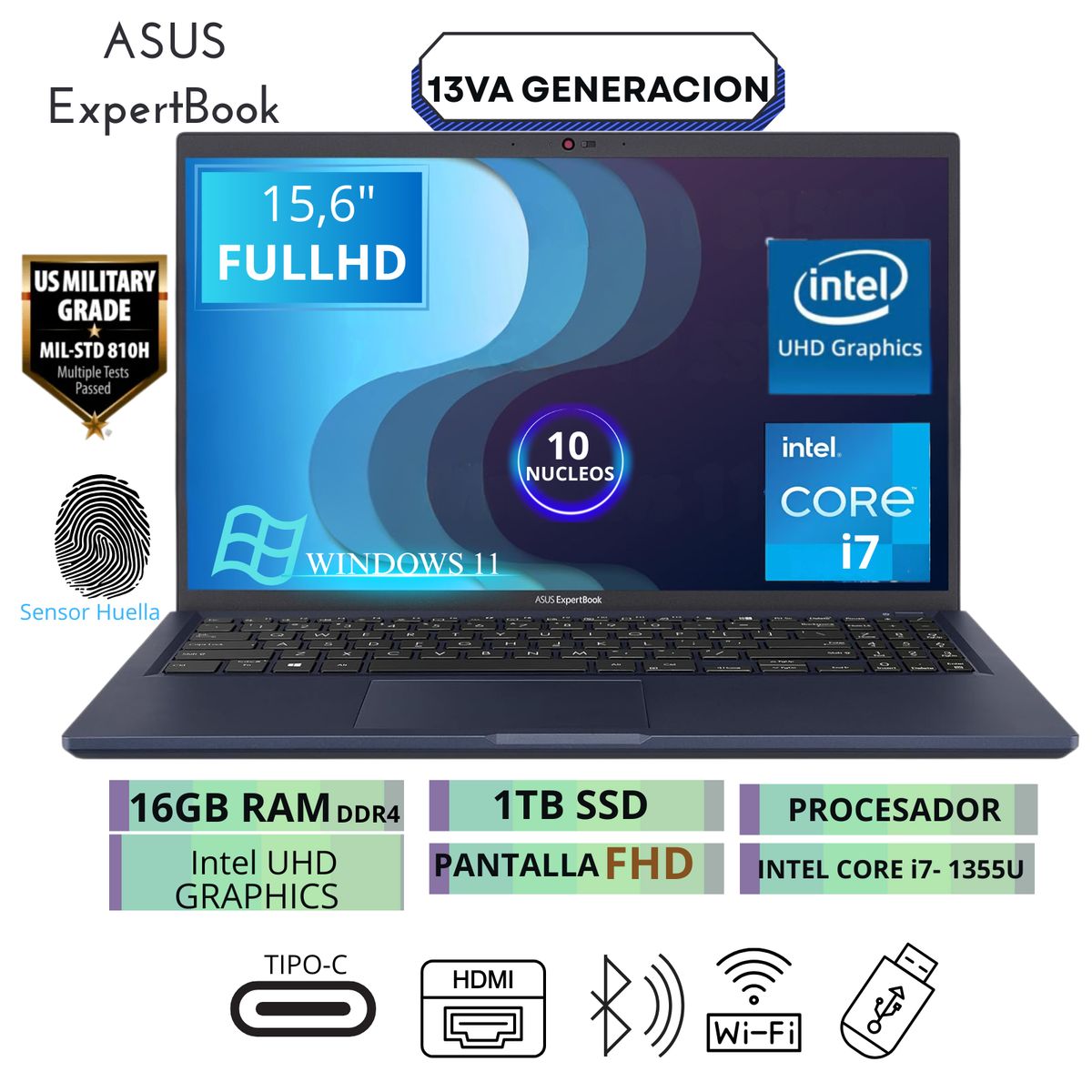 ASUS - Laptop ASUS B1502CVA-NJ1091 FHD Core i7-1355U hasta 5GHz 16GB DDR4 1TB SSD