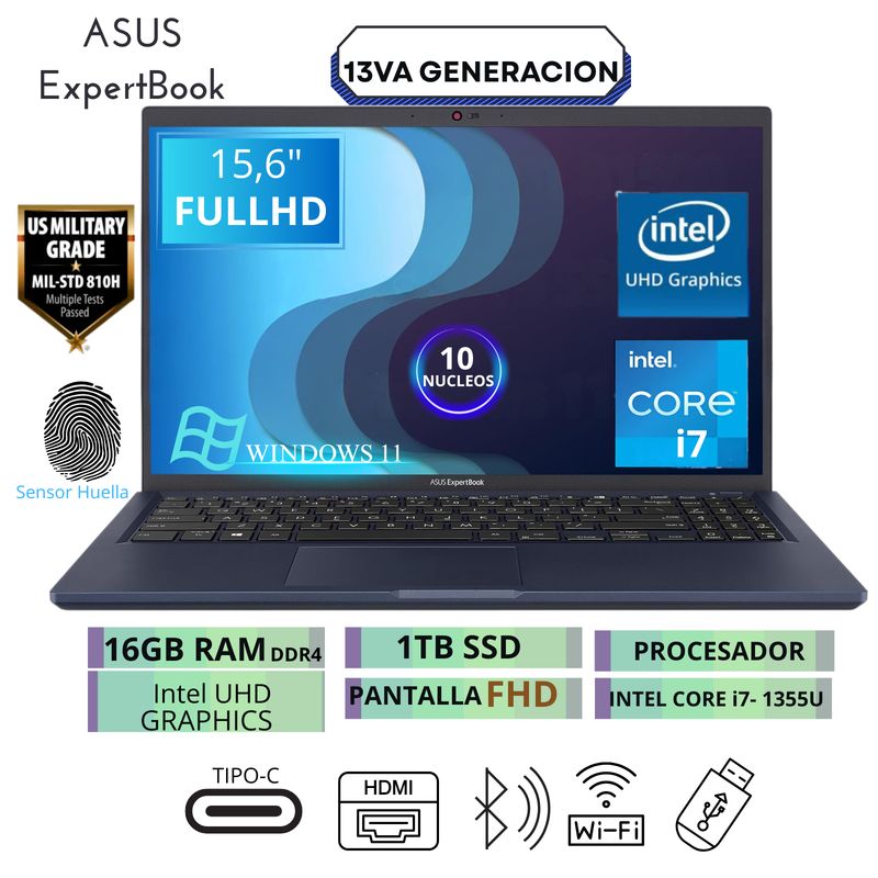 ASUS - Laptop ASUS B1502CVA-NJ1091 FHD Core i7-1355U hasta 5GHz 16GB DDR4 1TB SSD