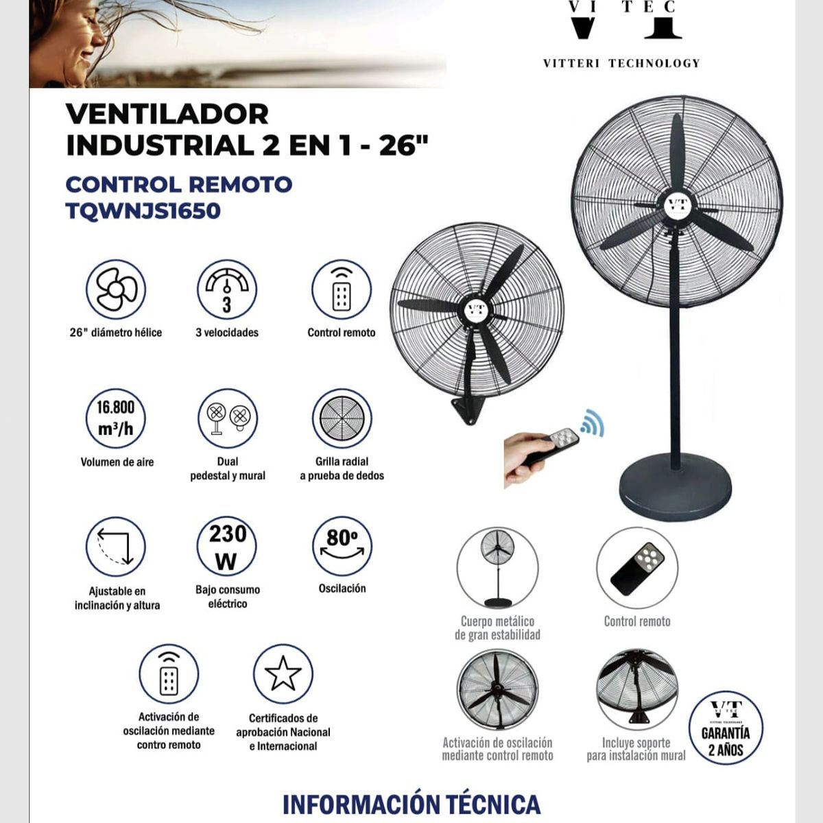 GENERICO - VENTILADOR INDUSTRIAL VITEC  EN 1 - 26" CON CONTROL REMOTO NUEVO