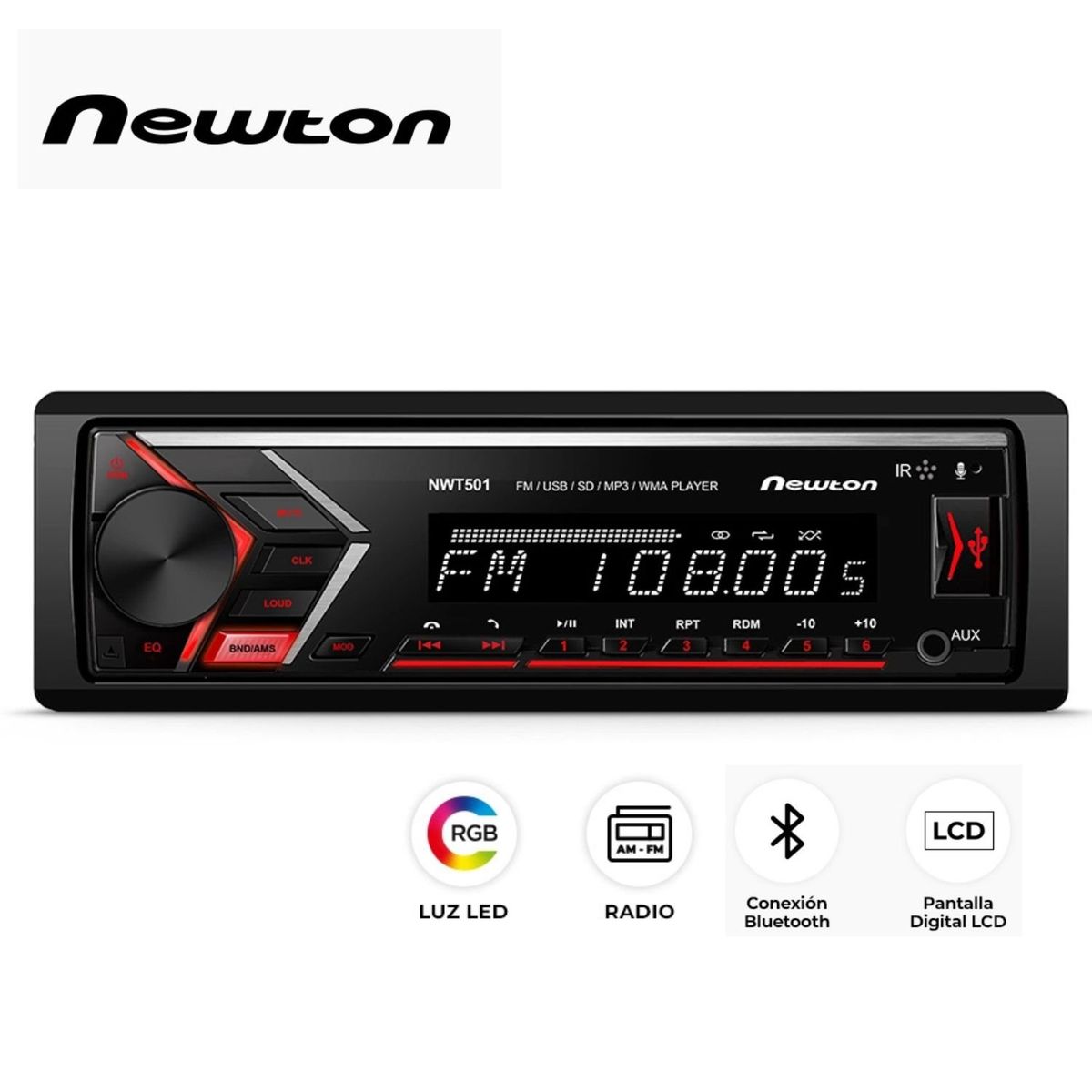 NEWTON - Autoradio Newton MWT 501 Avanty LED de 7 Colores Extraíble FM SD BT