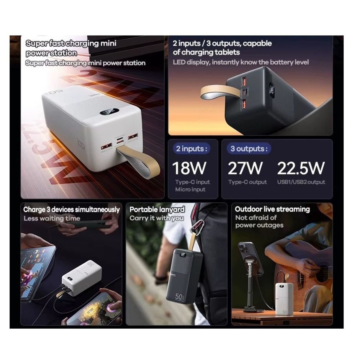 REMAX - CARGADOR PORTÁTIL    with Light 50000 mAh 27W+22.5W CARGA RAPIDA BLANCO