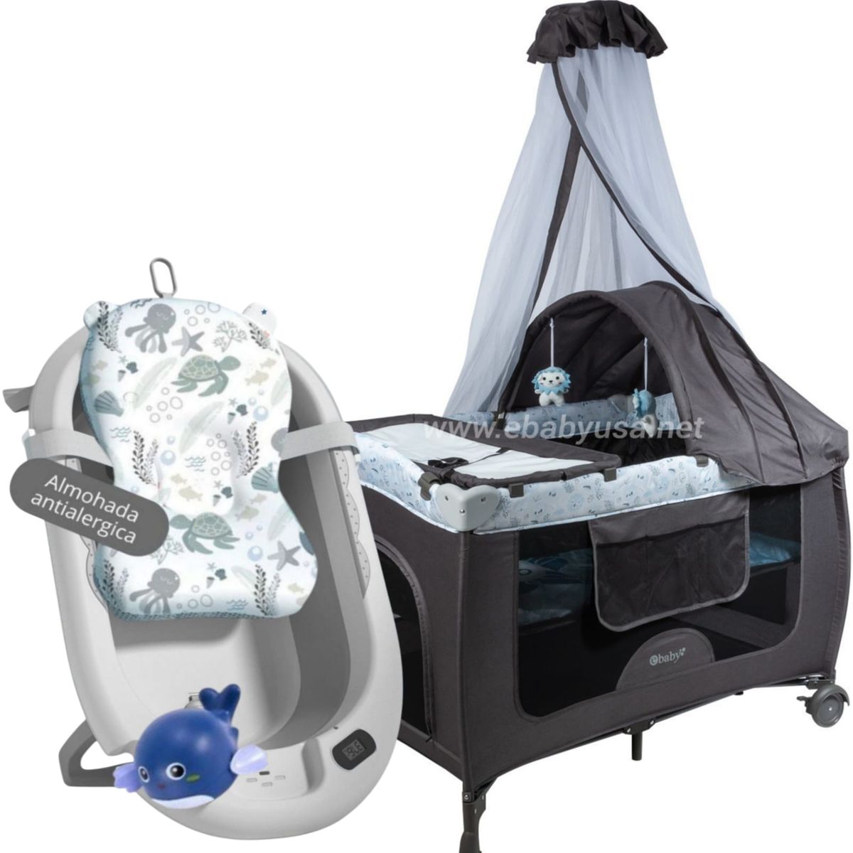 EBABY - Cuna Corral Mecedora Sally + Bañera Plegable para Bebé