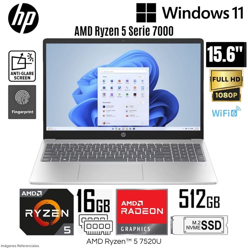 HP - Laptop HP 15-fc0002la AMD Ryzen 5-7520U 16GB LPDDR5 RAM 512GB SSD 15.6" FHD Windows 11 Home