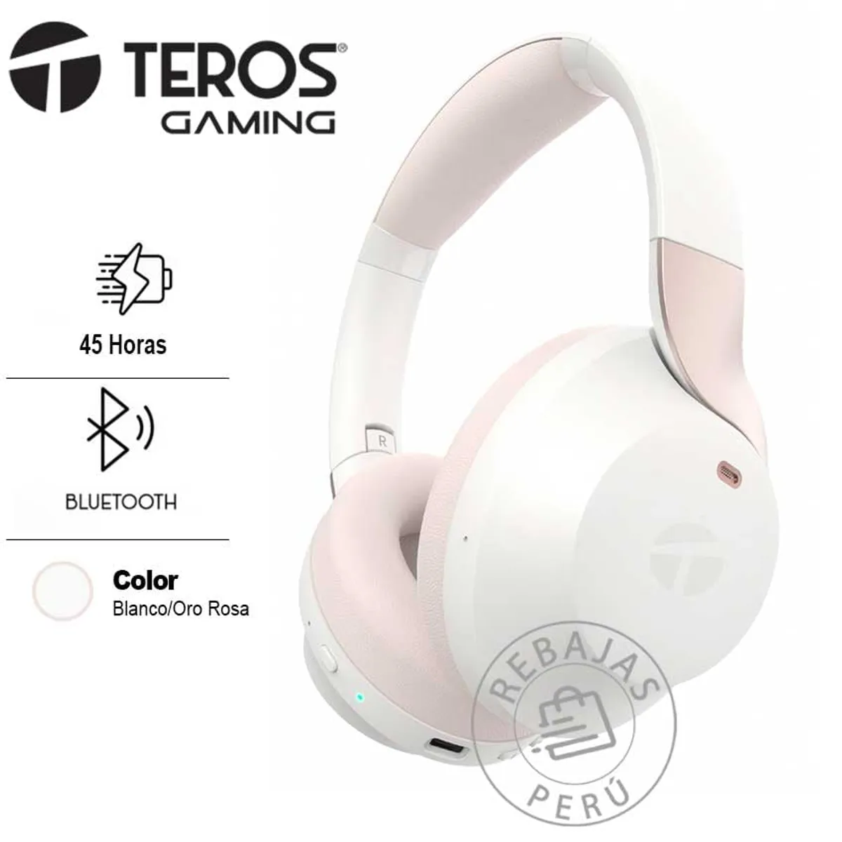 TEROS - Auriculares ANC TEROS TE-8033WP Bluetooth  45h USB-C Blanco Oro Rosa
