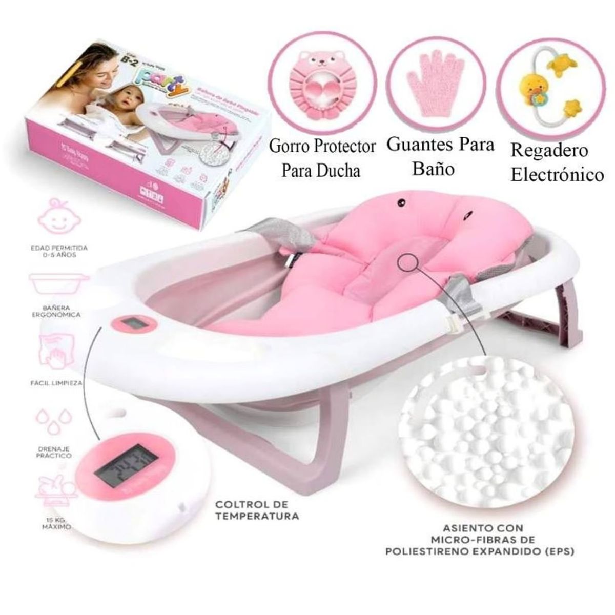 BABY HAPPY - Bañera de bebé plegable con cojín acolchado de apoyo ROSADO