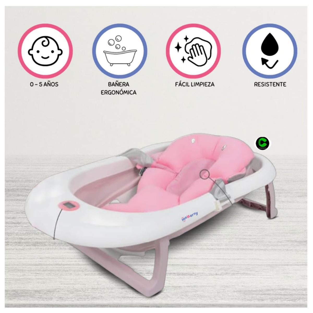 BABY HAPPY - Bañera de bebé plegable con cojín acolchado de apoyo ROSADO