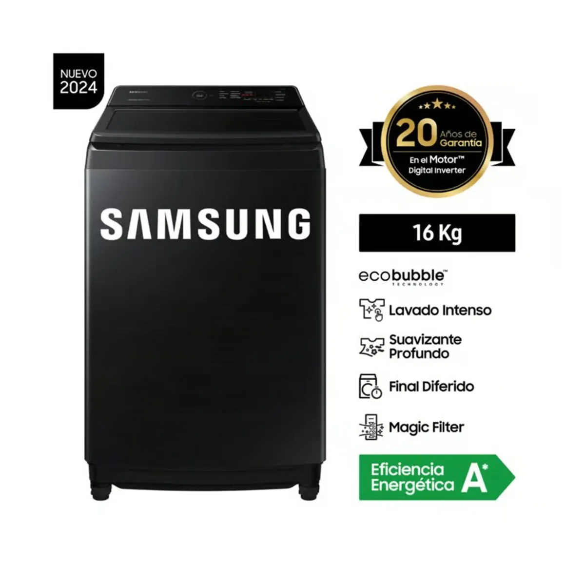 SAMSUNG - Lavadora Samsung Digital Inverter Wa16cg6441bvpe 16 Kg - Negro