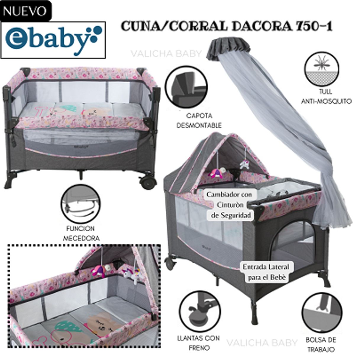 EBABY - CUNA CORRAL CON MECEDORA FUNCION COLECHO - DACORA- ROSADO