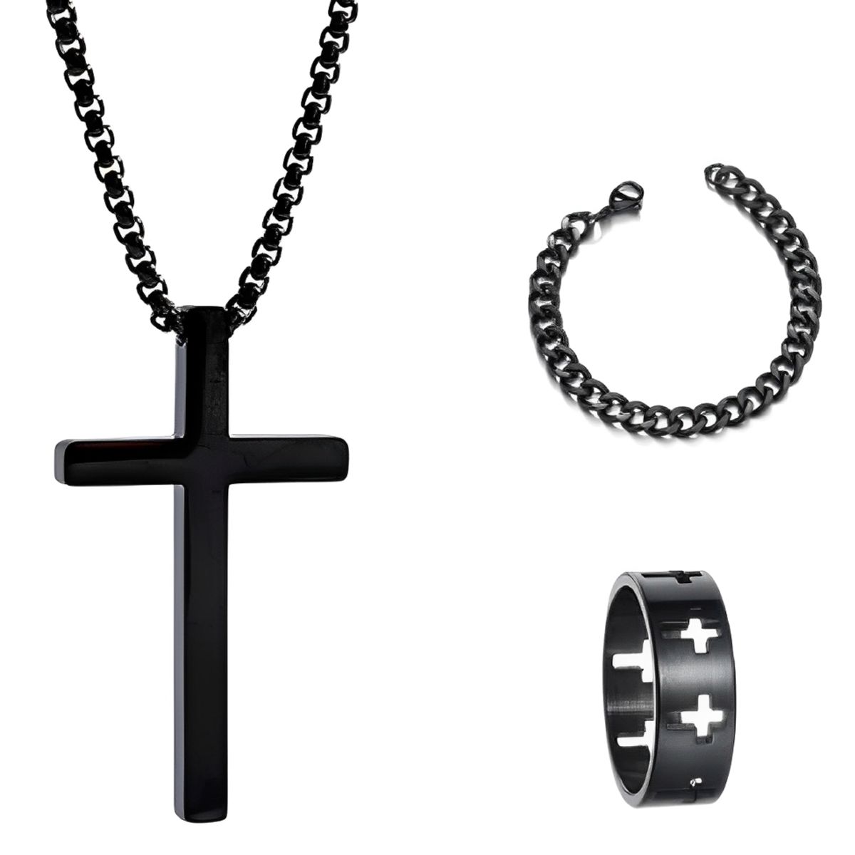 NO LOGO - Juego 3 Piezas Collar Cadena Cruz Dije Anillo Pulsera Hombre