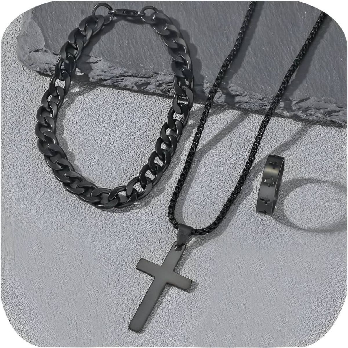 NO LOGO - Juego 3 Piezas Collar Cadena Cruz Dije Anillo Pulsera Hombre