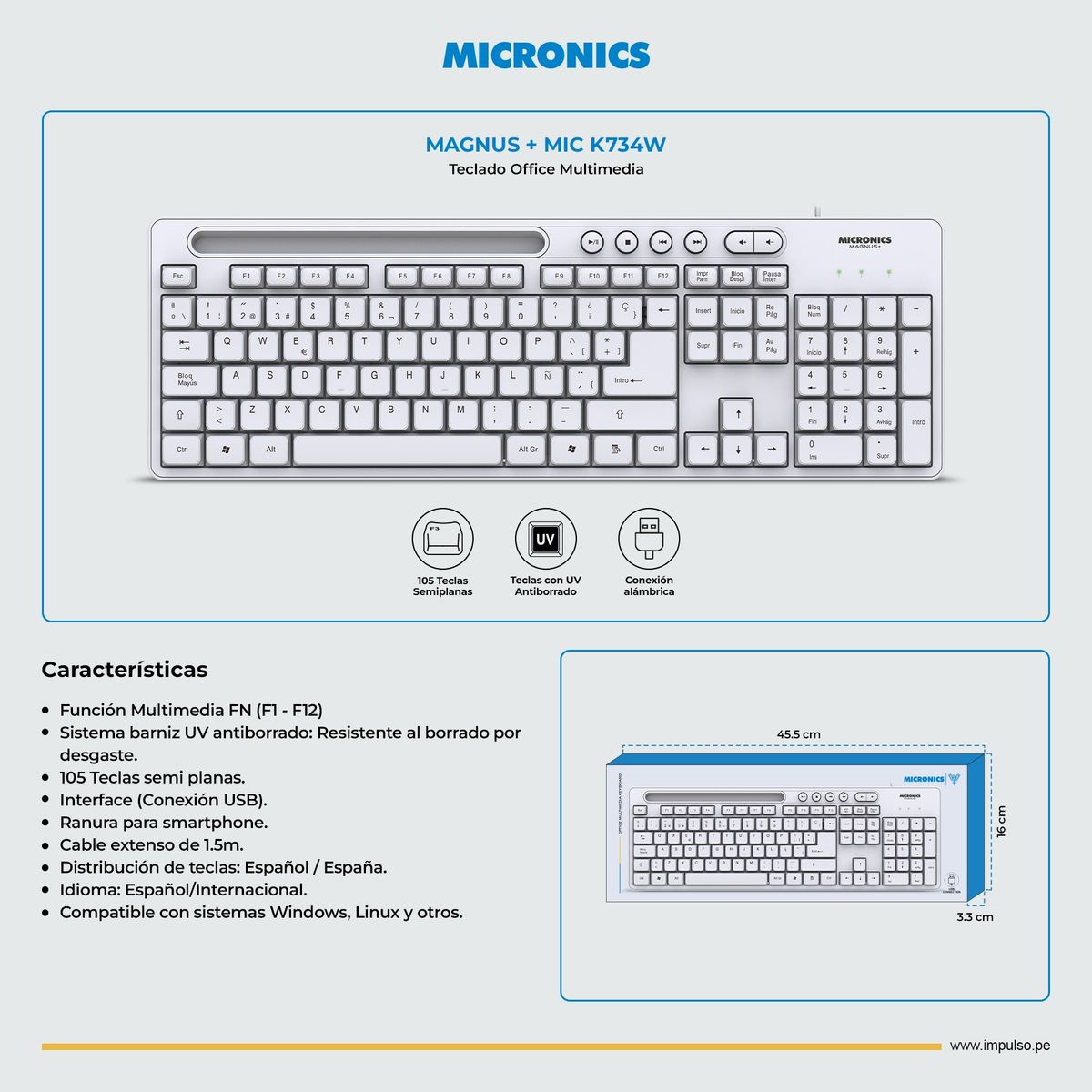 MICRONICS - Teclado Multimedia Con Soporte Magnus+ - MIC K734w