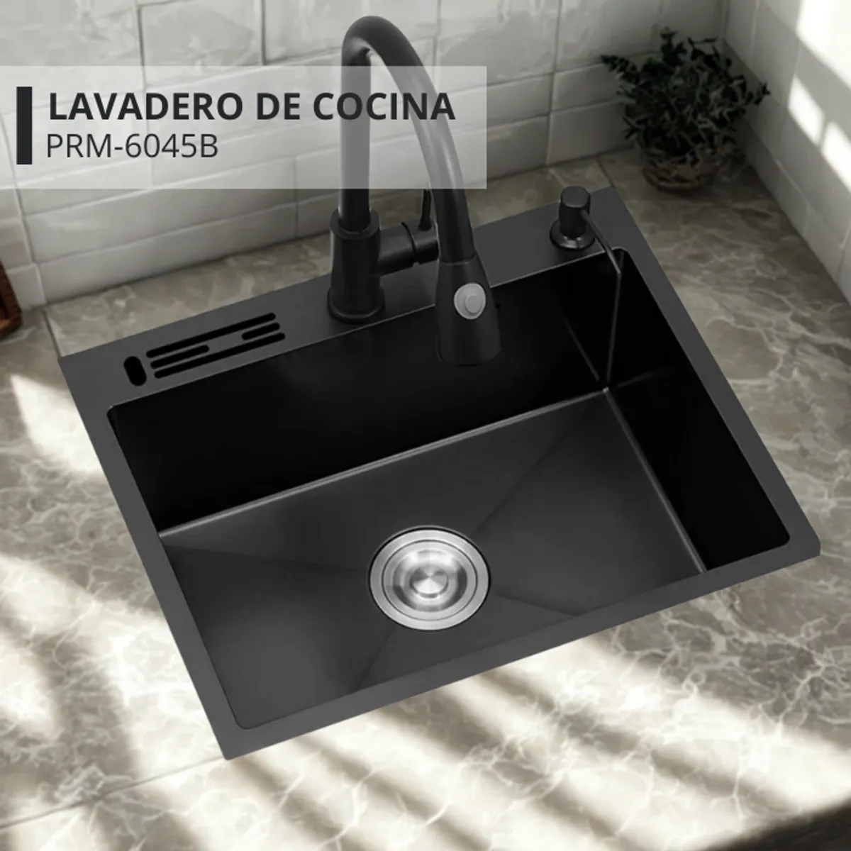 GENERICO - LAVADERO DE COCINA ACERO CON PORTA CUCHILLO NEGRO PRM-6045B