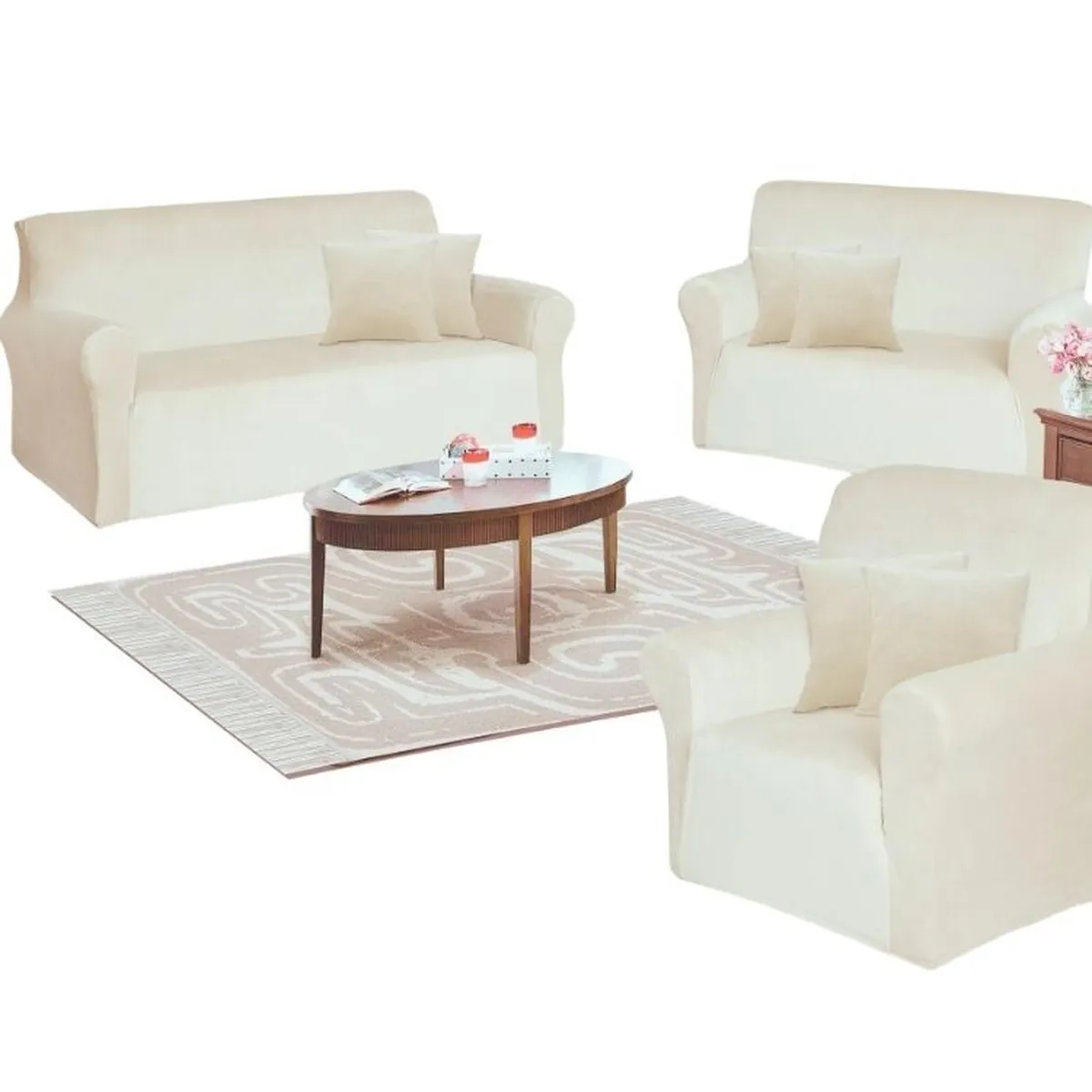 SALA FABULOSA - Funda de mueble 3-2-1 en terciopelo liso con 6 fundas de cojines - Crema