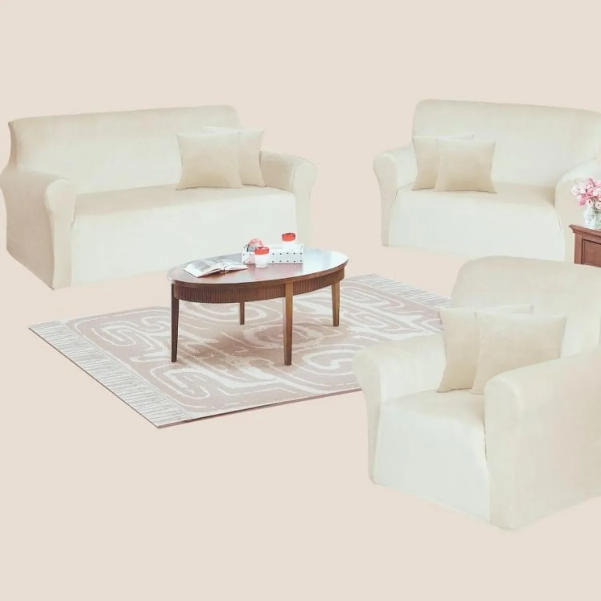 SALA FABULOSA - Funda de mueble 3-2-1 en terciopelo liso con 6 fundas de cojines - Crema