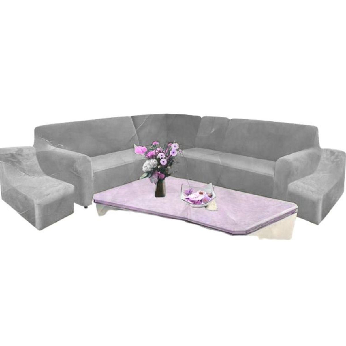 SALA FABULOSA - Funda de mueble modular 6 pzs terciopelo liso con 6 fundas de cojines - Gris