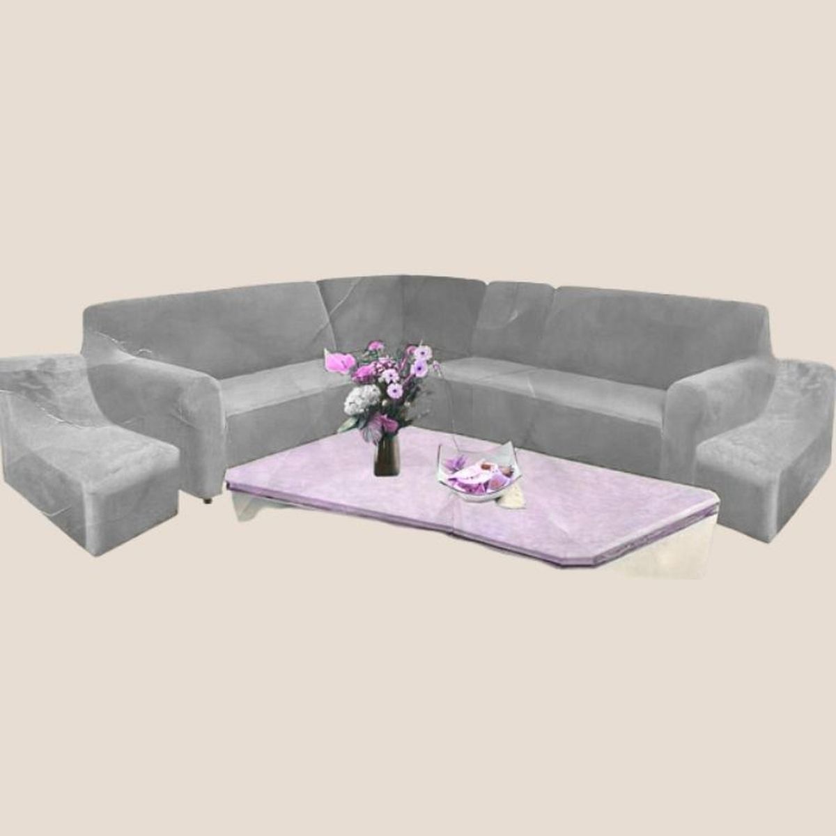 SALA FABULOSA - Funda de mueble modular 6 pzs terciopelo liso con 6 fundas de cojines - Gris