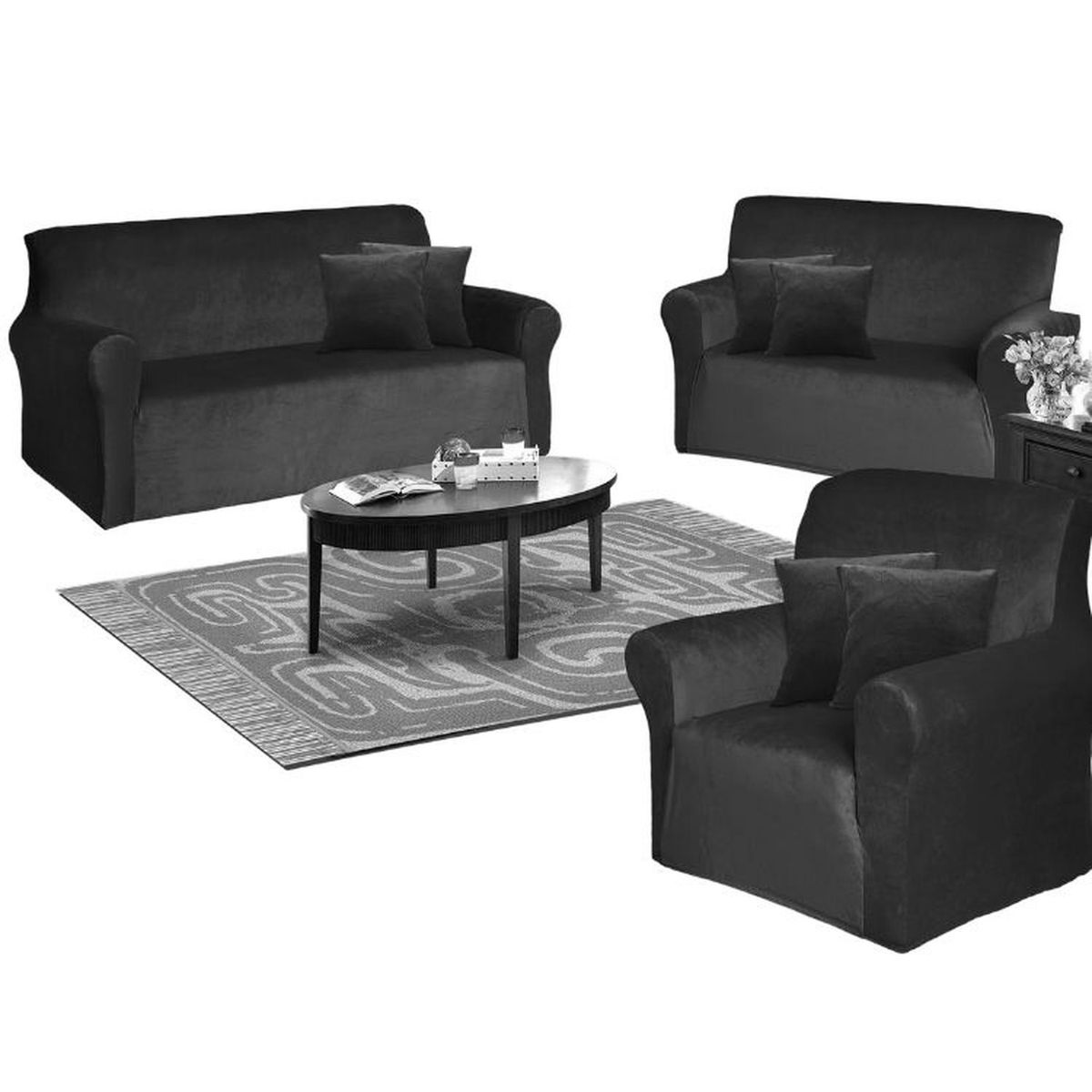 SALA FABULOSA - Funda de mueble 3-2-1 en terciopelo liso con 6 fundas de cojines - Negro