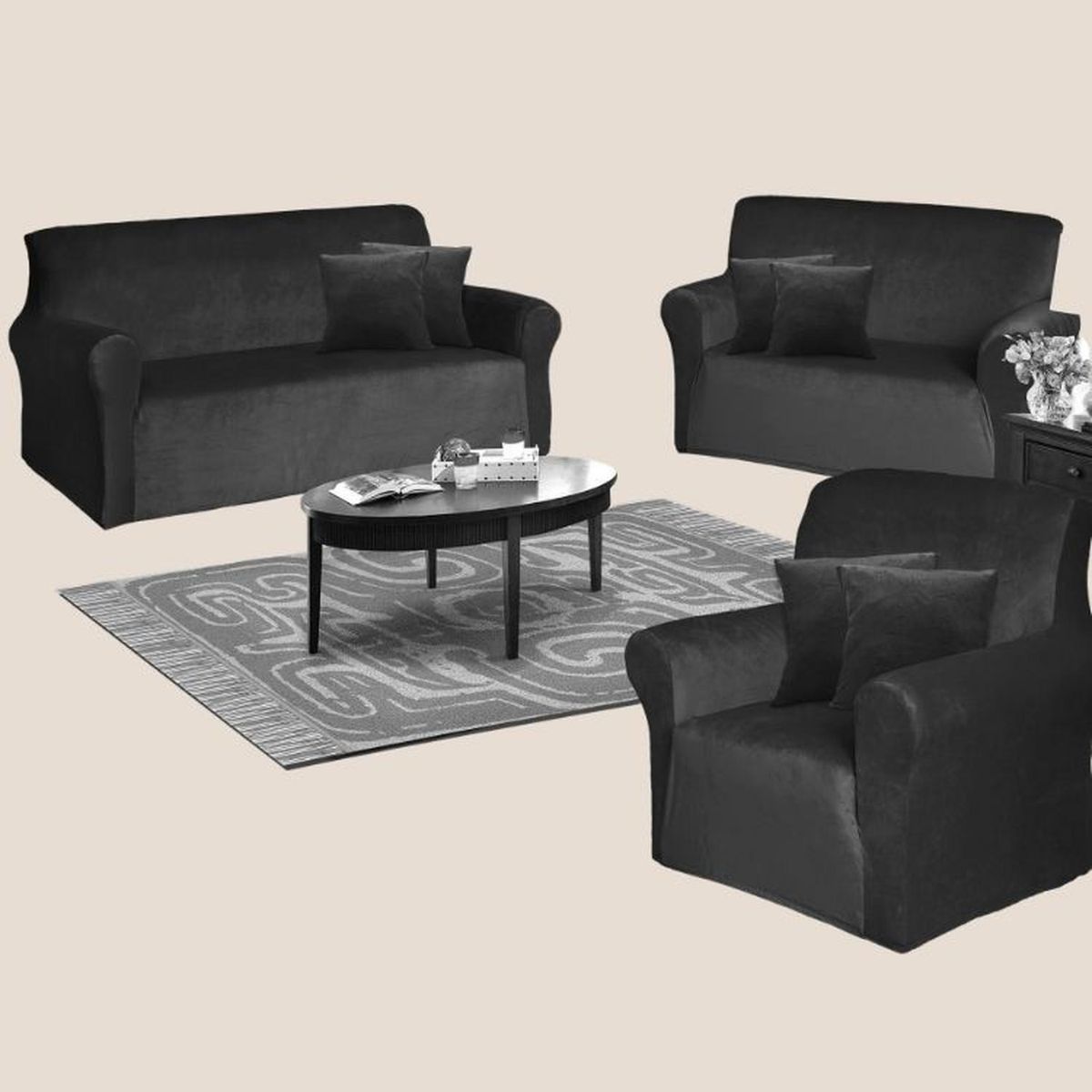 SALA FABULOSA - Funda de mueble 3-2-1 en terciopelo liso con 6 fundas de cojines - Negro