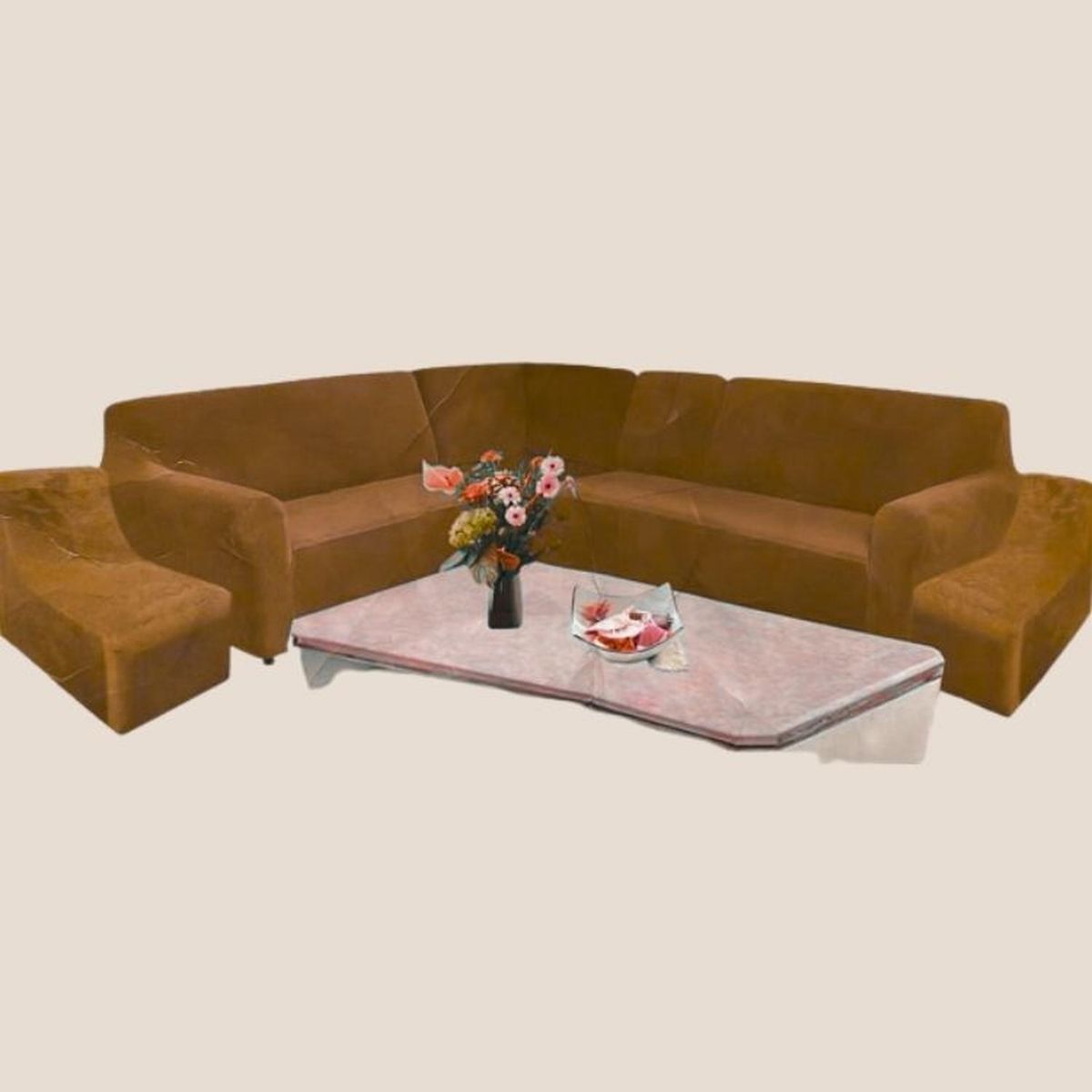 SALA FABULOSA - Funda de mueble modular 6 pzs terciopelo liso con 6 fundas de cojines - Camel