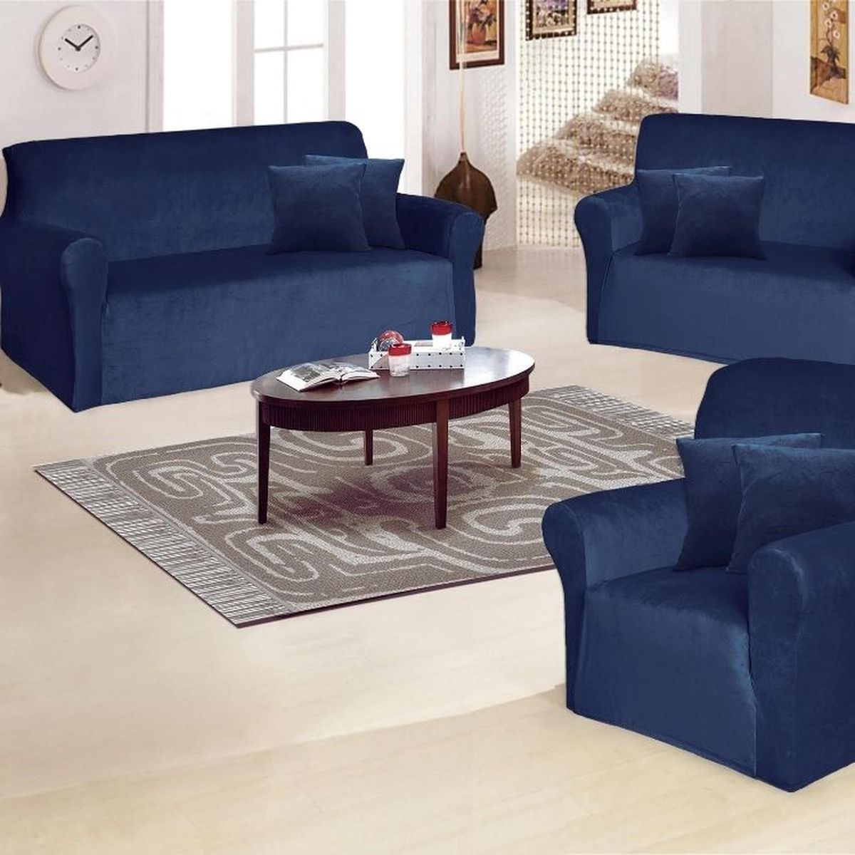 SALA FABULOSA - Funda de mueble 3-2-1 en terciopelo liso con 6 fundas de cojines - Azul noche