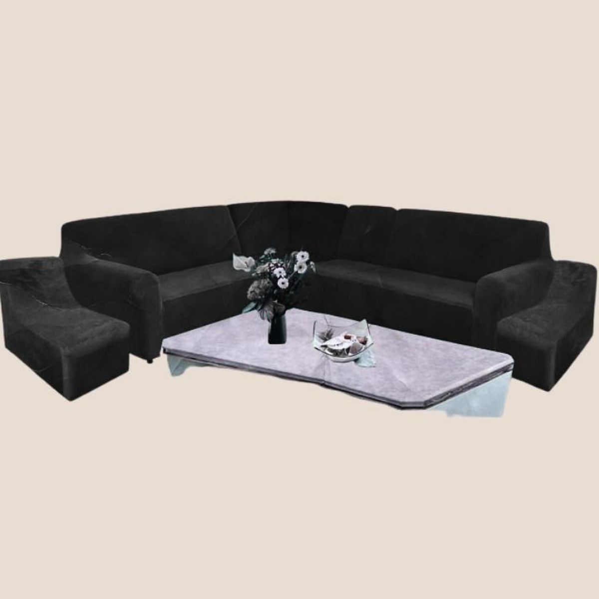 SALA FABULOSA - Funda de mueble modular 6 pzs terciopelo liso con 6 fundas de cojines - Negro