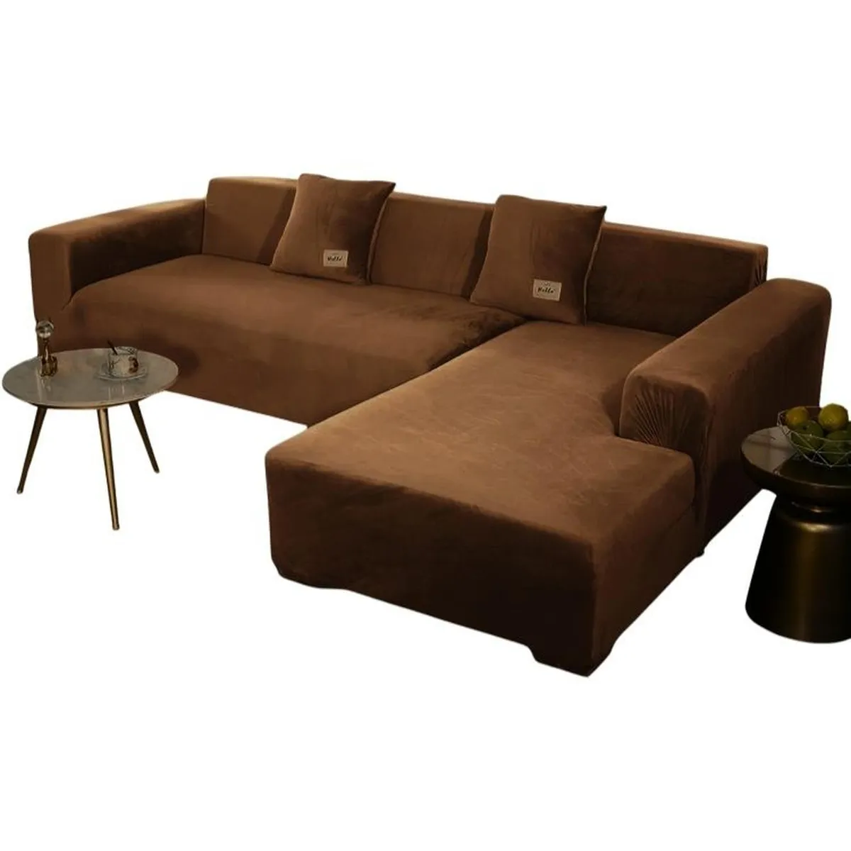 SALA FABULOSA - Funda de mueble modular SOFÁ CAMA 2 piezas Terciopelo liso con 2 fundas de cojines - Chocolate
