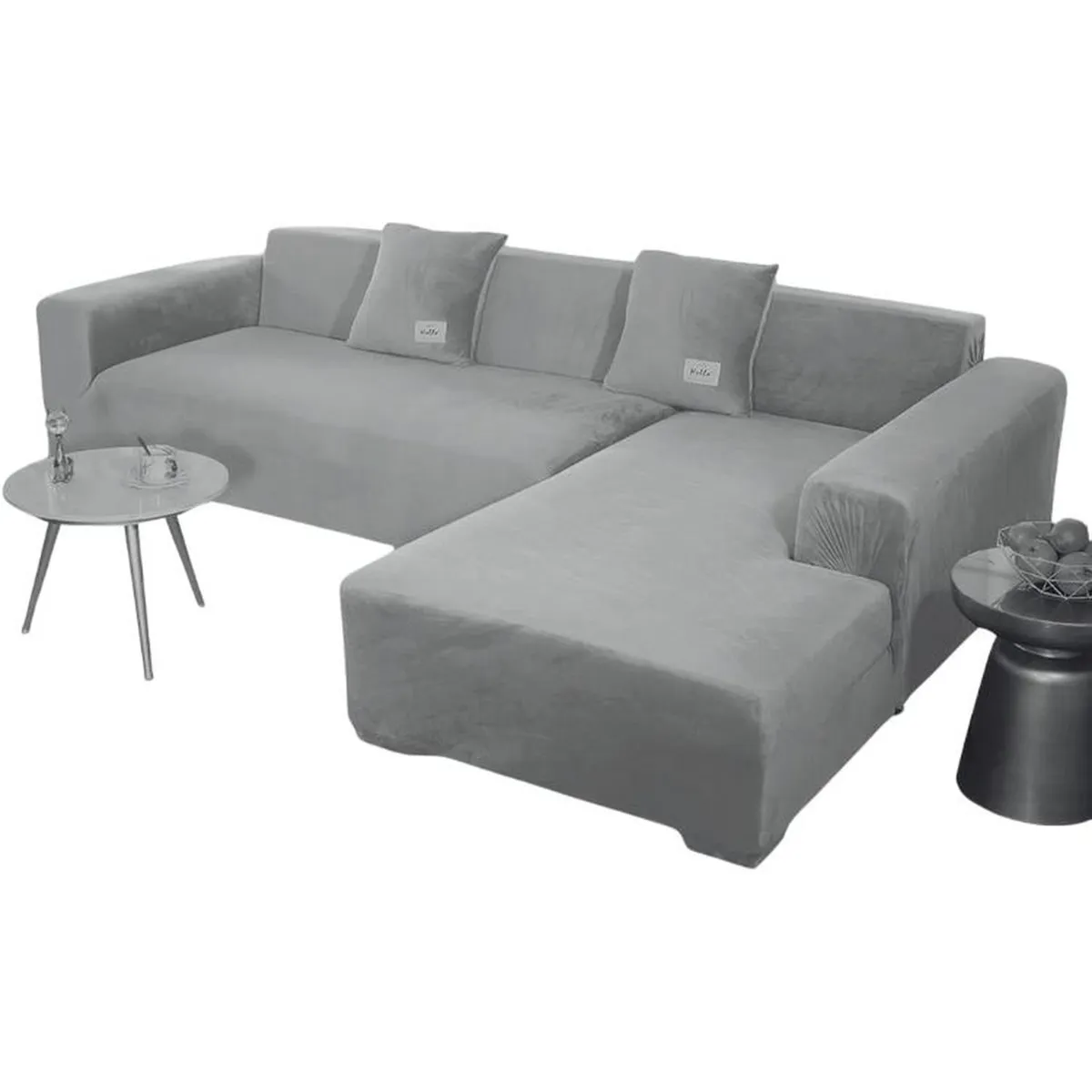 SALA FABULOSA - Funda de mueble modular SOFÁ CAMA 2 piezas Terciopelo liso con 2 fundas de cojines - Gris