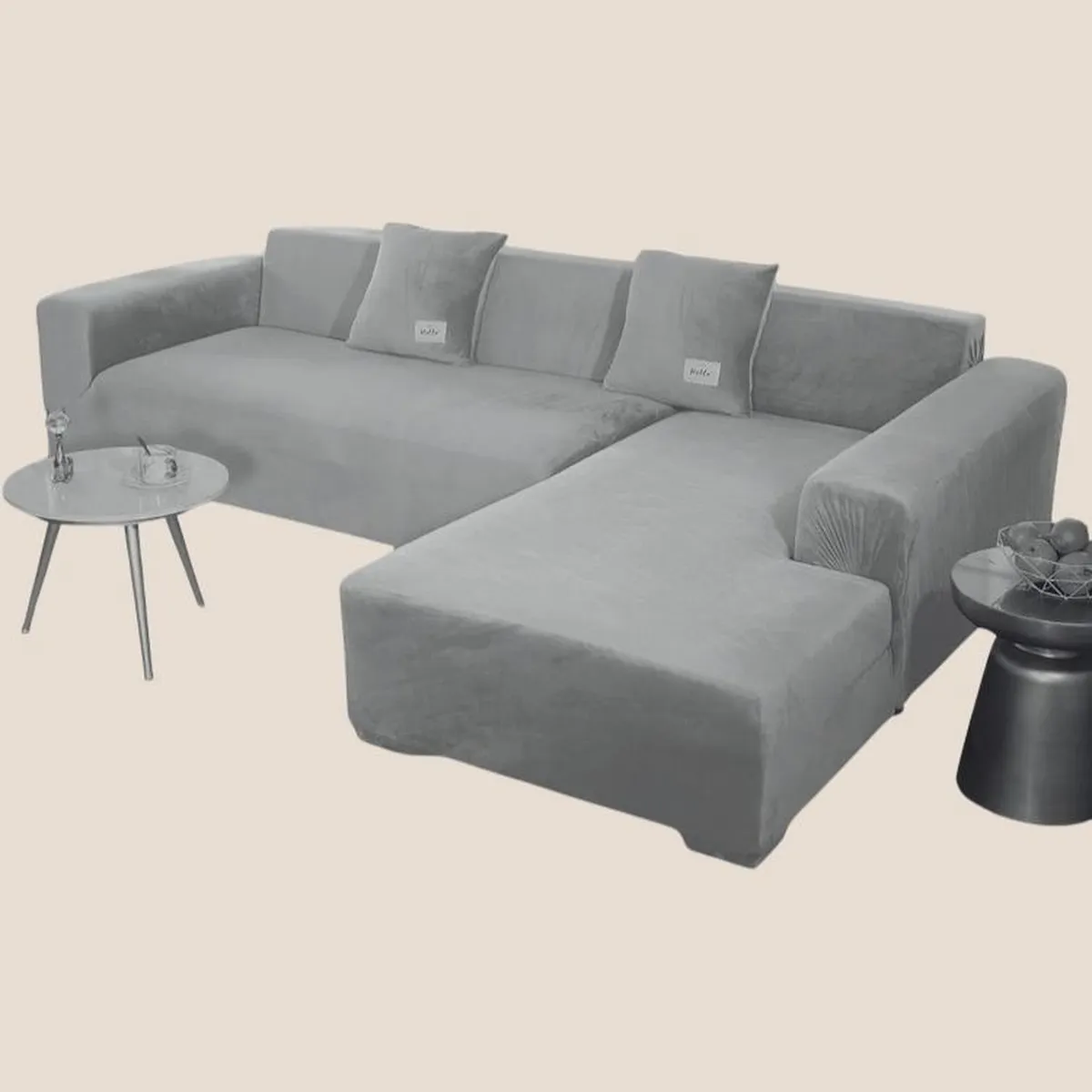 SALA FABULOSA - Funda de mueble modular SOFÁ CAMA 2 piezas Terciopelo liso con 2 fundas de cojines - Gris