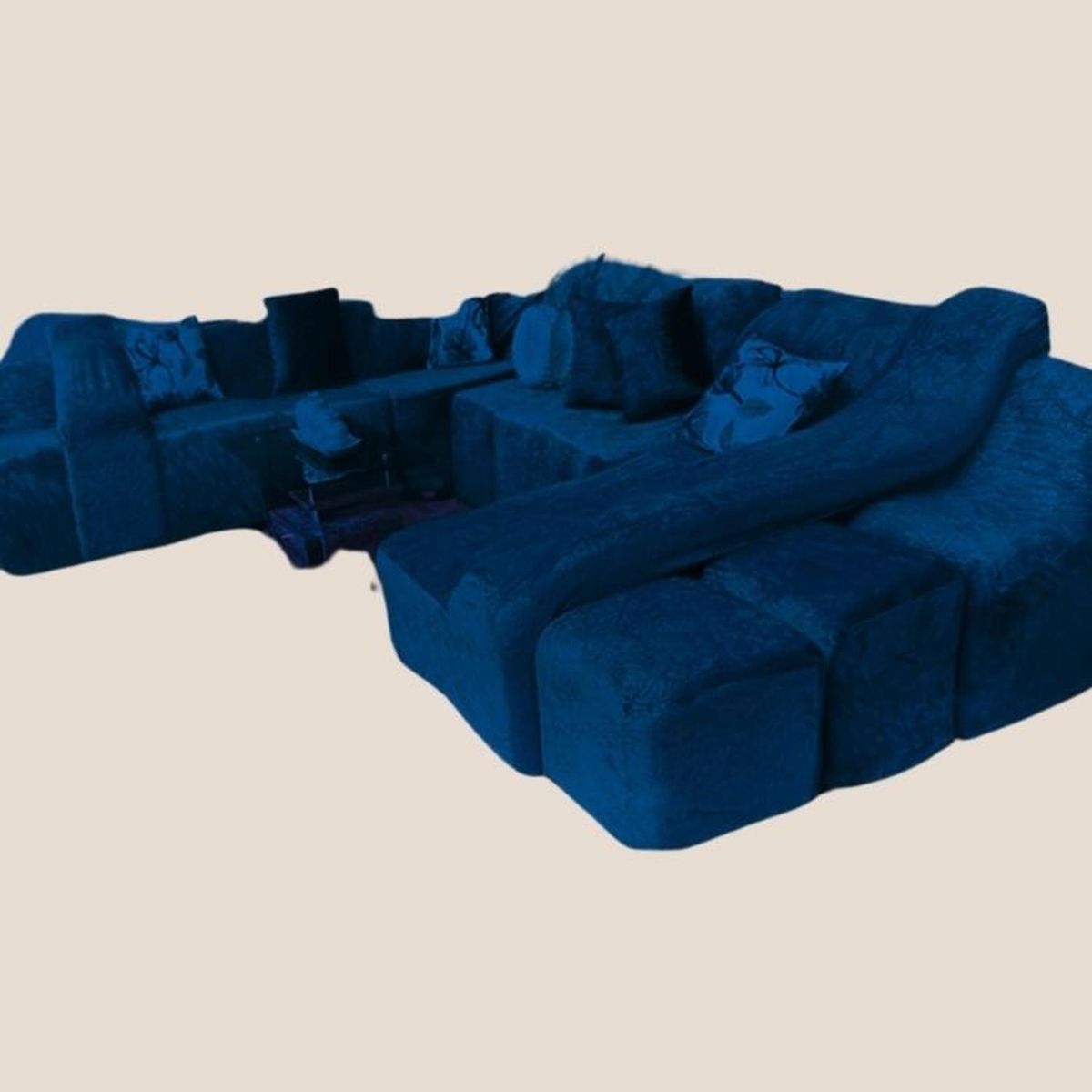 SALA FABULOSA - Funda de SOFÁ CAMA 9 piezas terciopelo liso con 6 fundas cojín - Azul noche