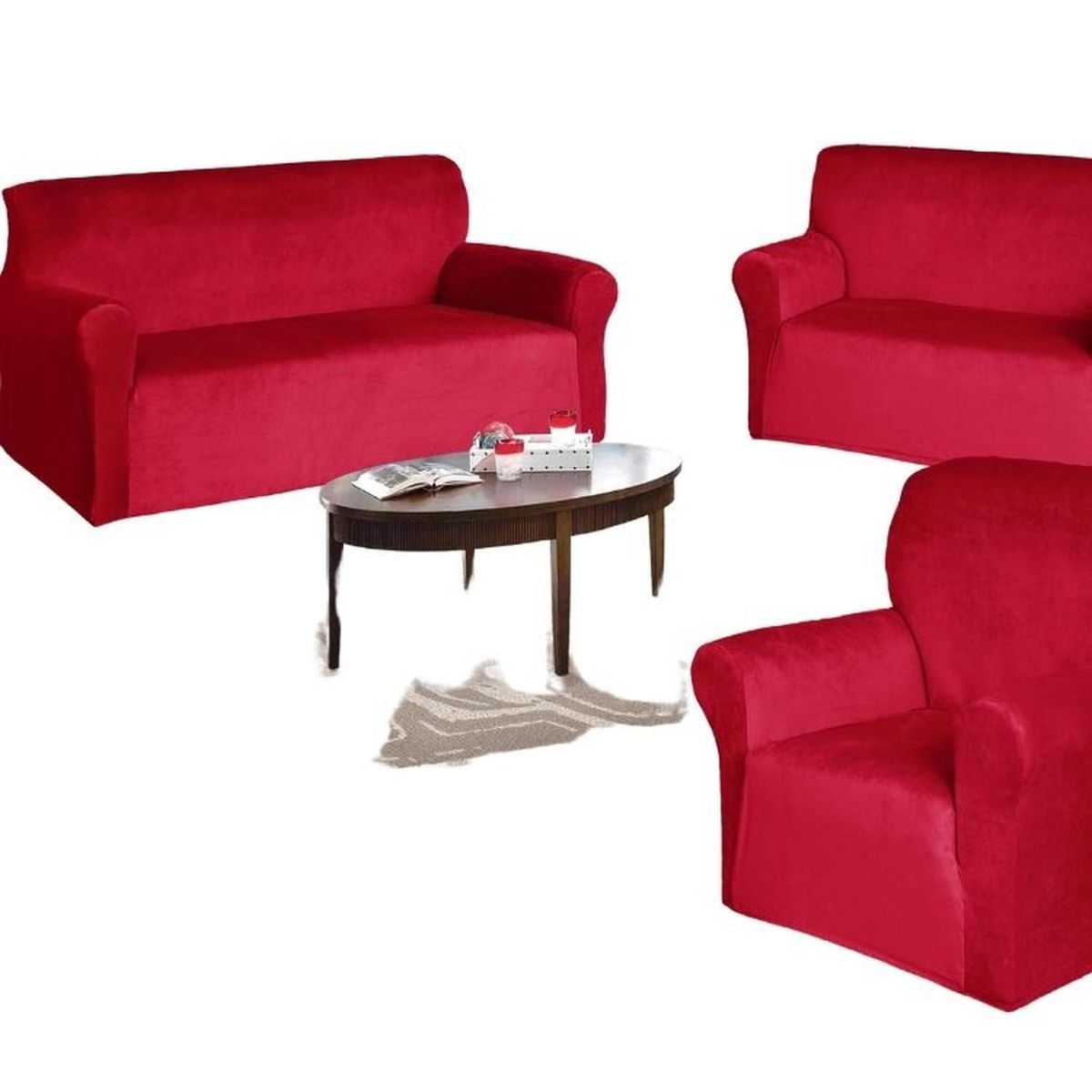 SALA FABULOSA - Funda de mueble 3-2-1 en terciopelo liso con 6 fundas de cojines - Gris