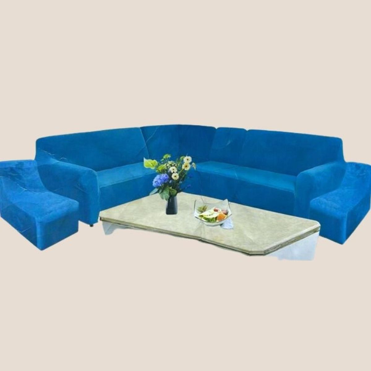 SALA FABULOSA - Funda de mueble modular 6 pzs terciopelo liso con 6 fundas de cojines - Azul