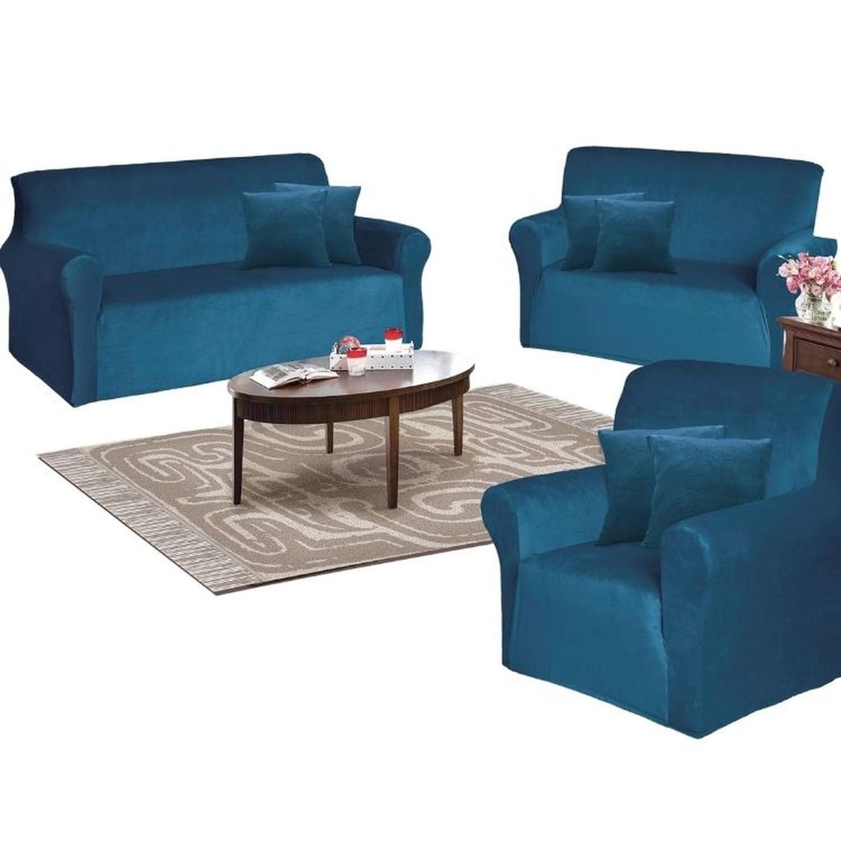 SALA FABULOSA - Funda de mueble 3-2-1 en terciopelo liso con 6 fundas de cojines - Cobalto