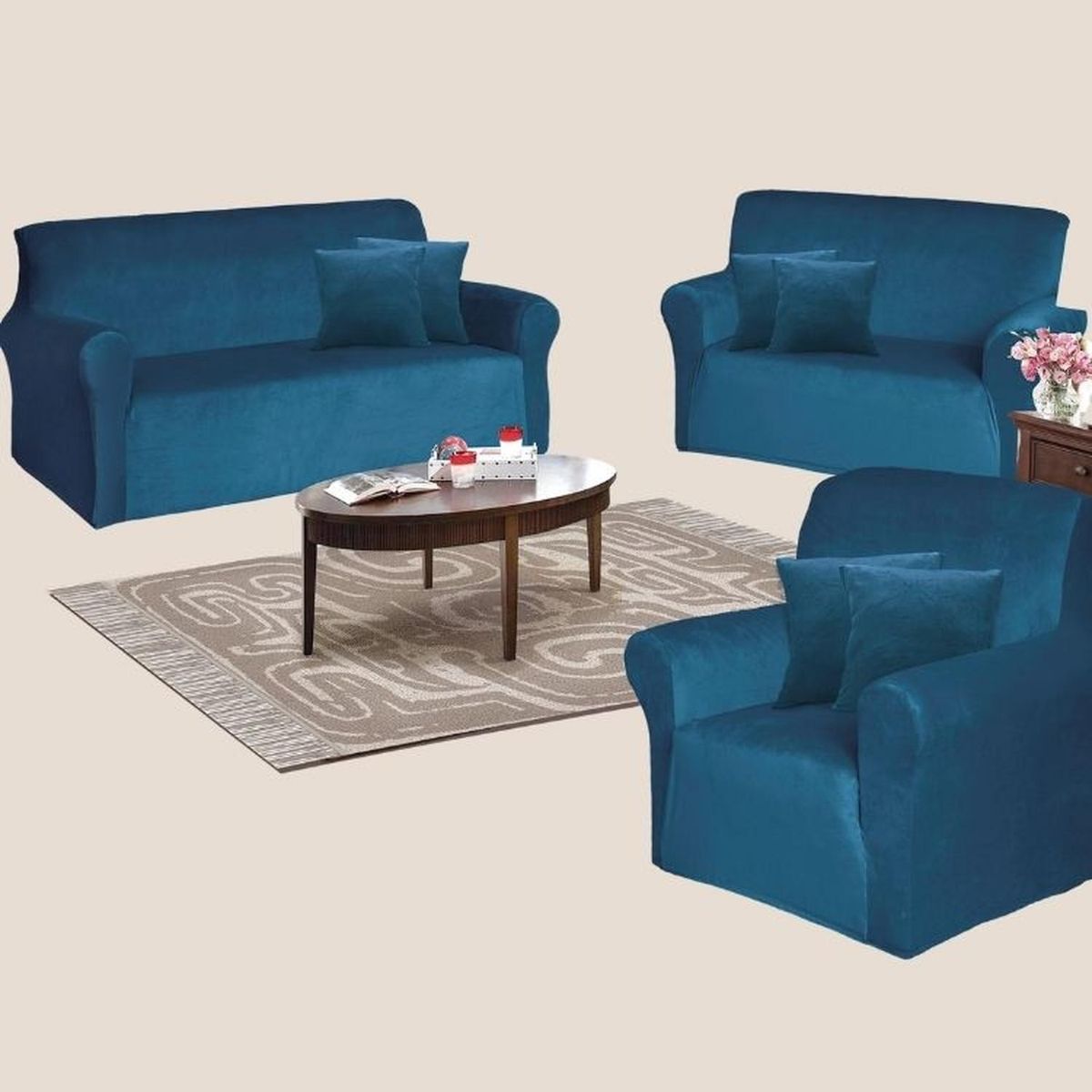 SALA FABULOSA - Funda de mueble 3-2-1 en terciopelo liso con 6 fundas de cojines - Cobalto