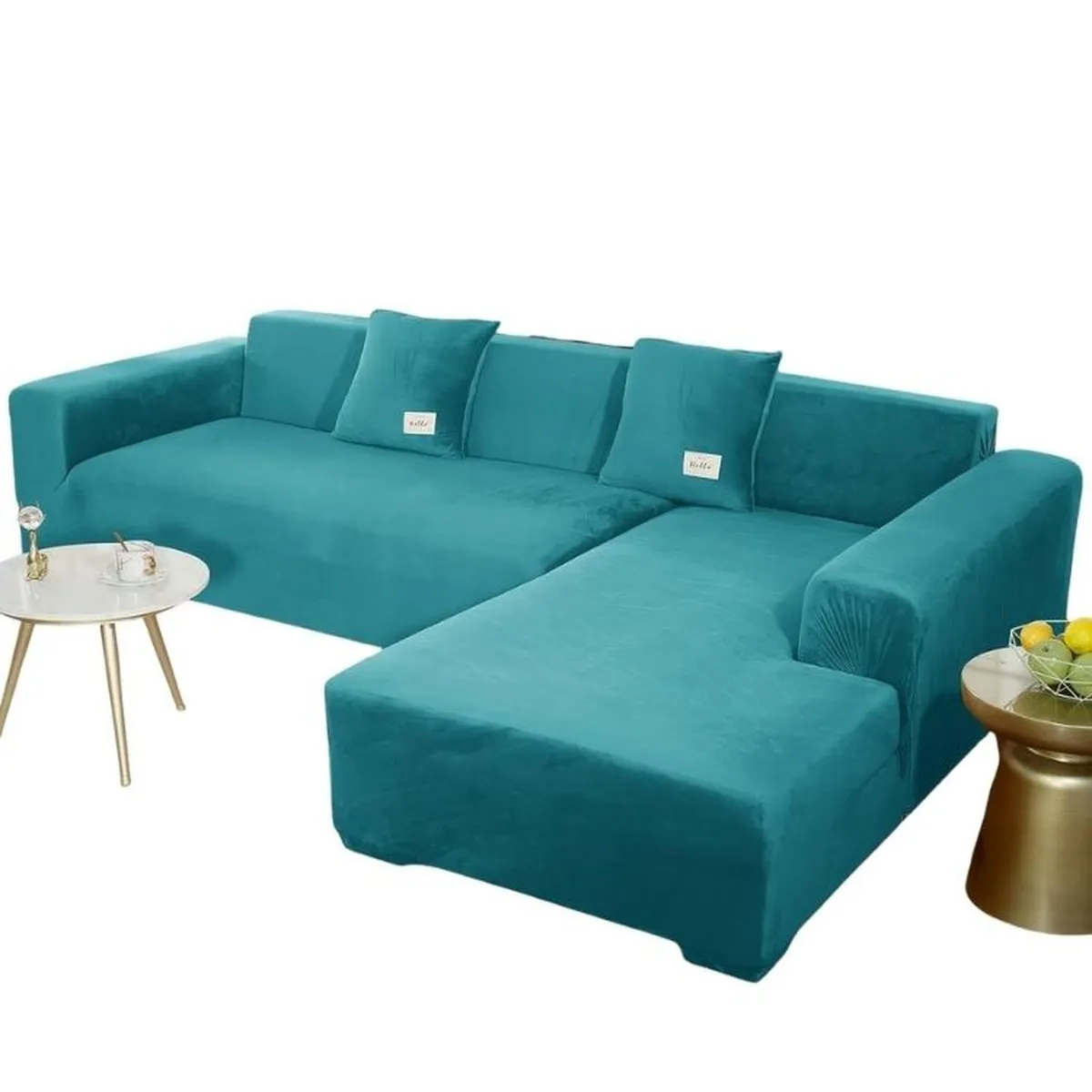 SALA FABULOSA - Funda de mueble modular SOFÁ CAMA 2 piezas Terciopelo liso con 2 fundas de cojines - Turquesa