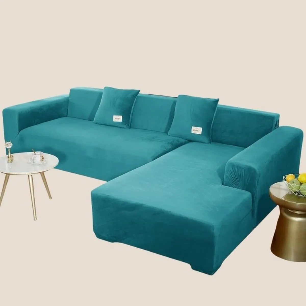 SALA FABULOSA - Funda de mueble modular SOFÁ CAMA 2 piezas Terciopelo liso con 2 fundas de cojines - Turquesa