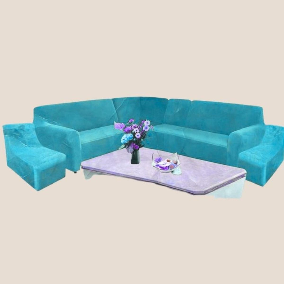 SALA FABULOSA - Funda de mueble modular 6 pzs terciopelo liso con 6 fundas de cojines - Turquesa