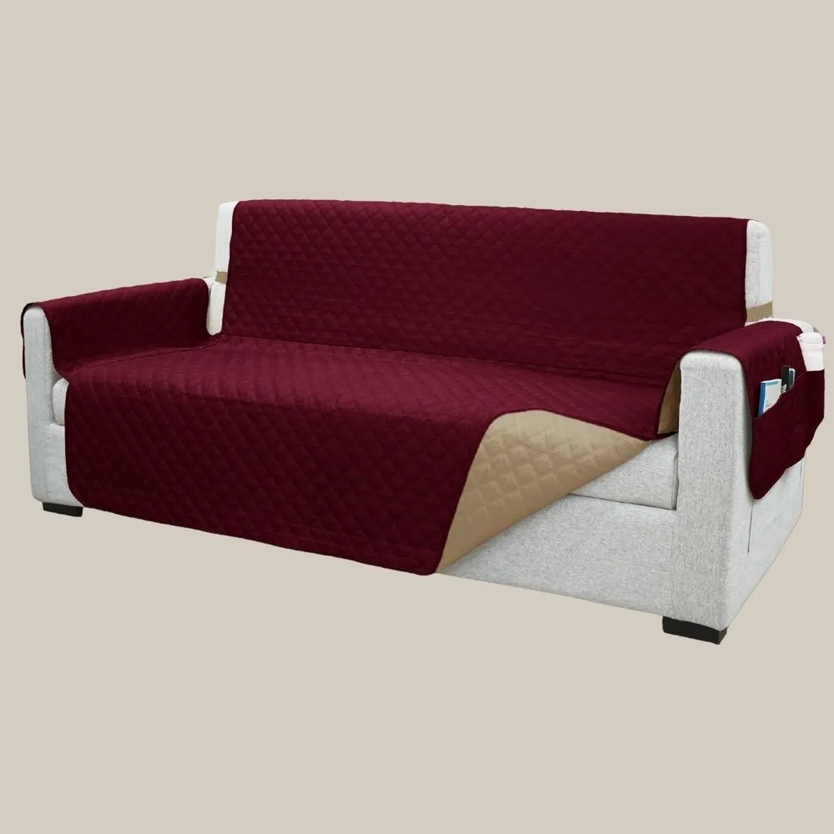 SALA FABULOSA - Protector de mueble 3-2-1 antifluído y reversible - Guinda/Beige