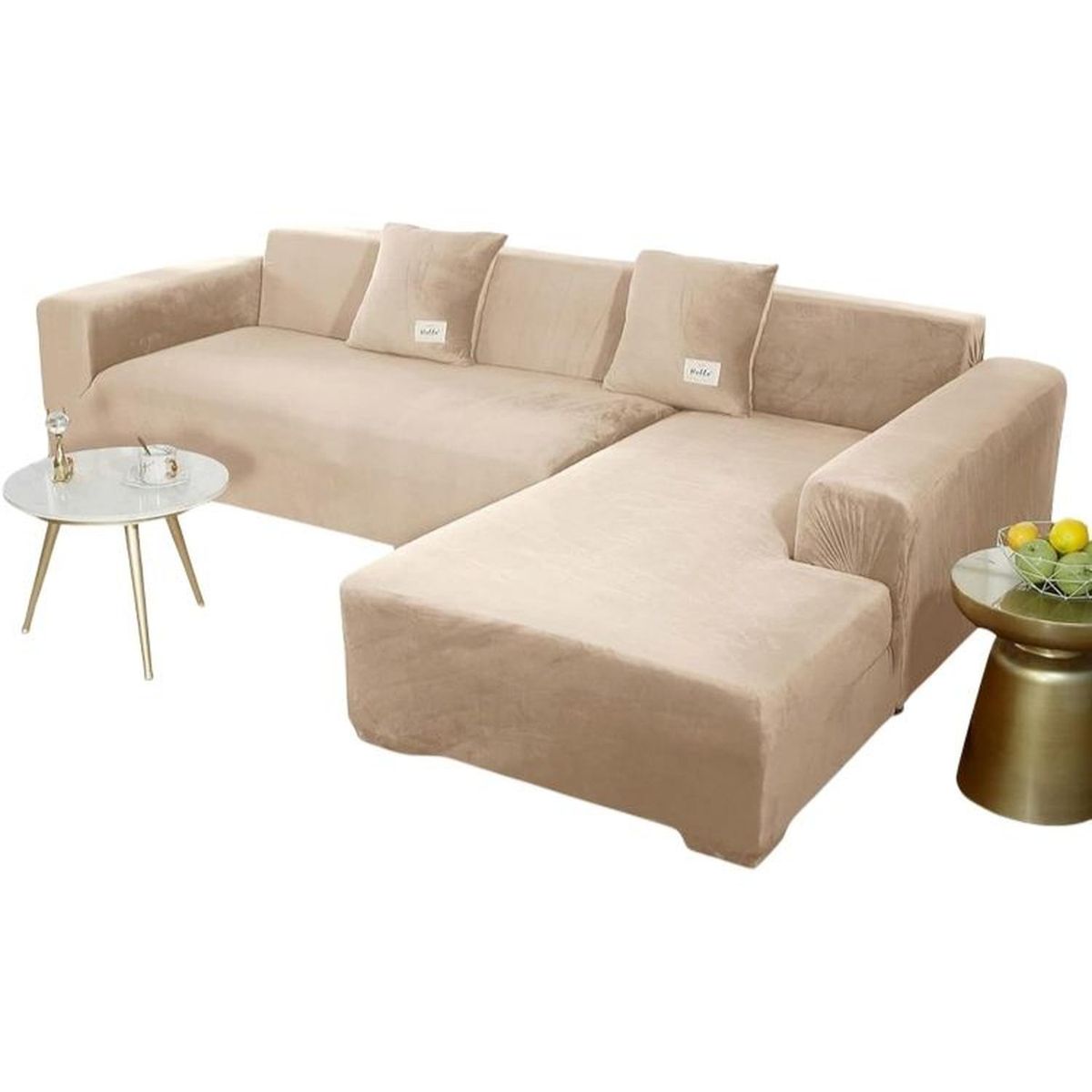 SALA FABULOSA - Funda de mueble modular SOFÁ CAMA 2 piezas Terciopelo liso con 2 fundas de cojines - Beige
