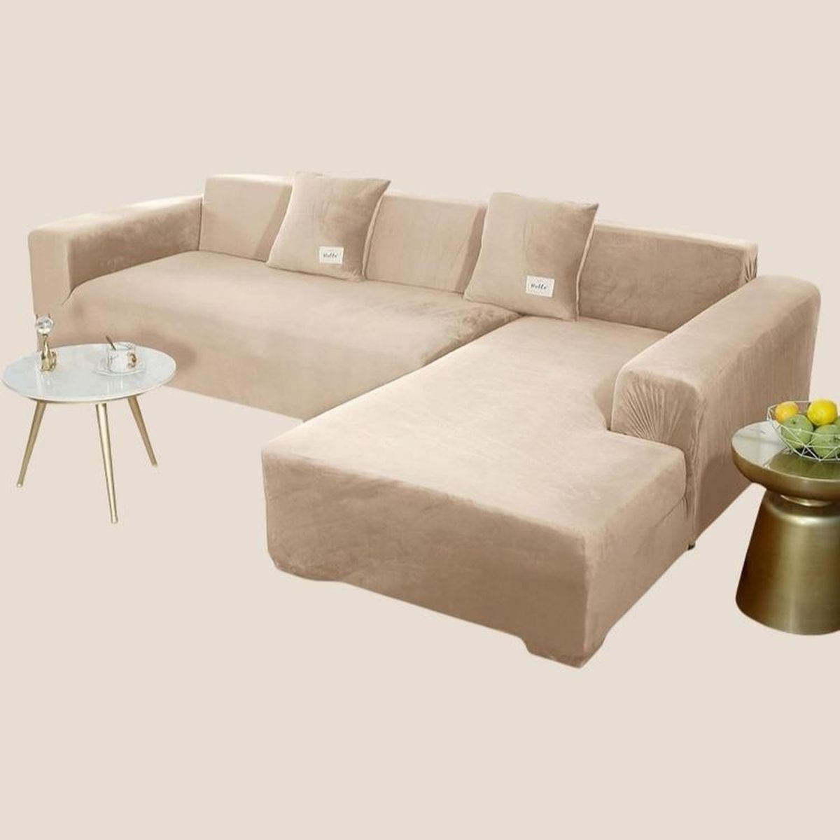 SALA FABULOSA - Funda de mueble modular SOFÁ CAMA 2 piezas Terciopelo liso con 2 fundas de cojines - Beige