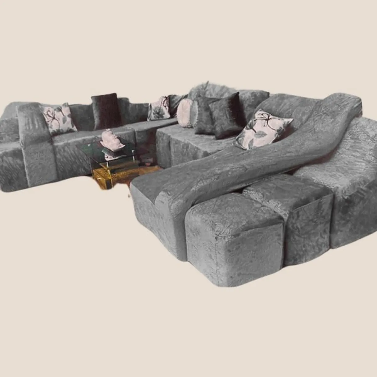 SALA FABULOSA - Funda de SOFÁ CAMA 9 piezas terciopelo liso con 6 fundas cojín - Plomo